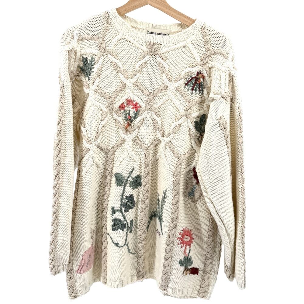 Vintage 90s Alice Collins Cream Cotton Botanical Embroidered Cable Knit Sweater